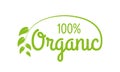 Organic logo or label. 100% Healthy food and product icon with green leaf. Vector illustration Royalty Free Stock Photo
